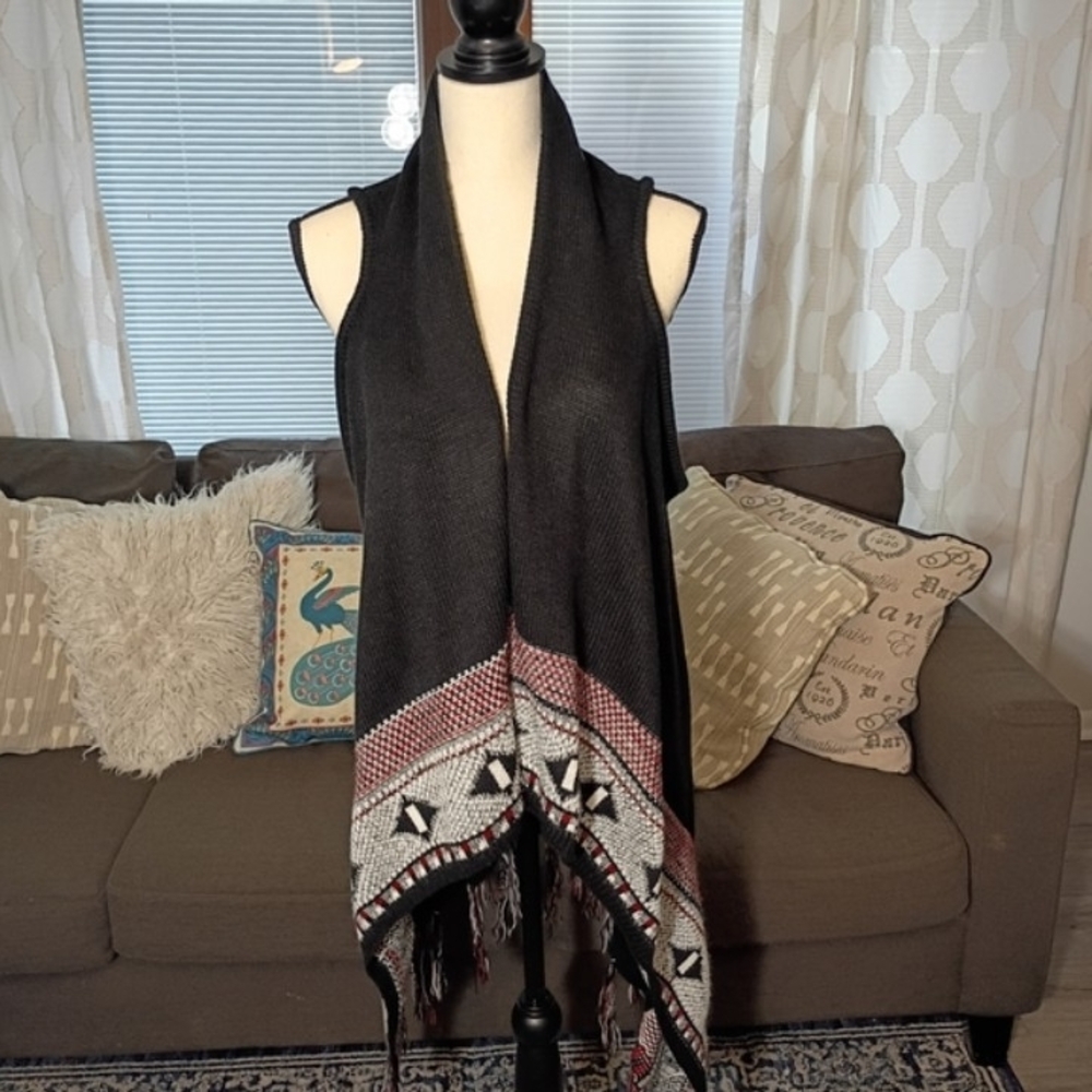 Lildy Chic Printed Open Front Black Sleeveless Vest Knit Sweater Cardigan L - XL